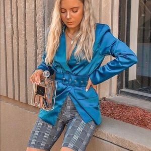 Satin Teal Belted Blazer